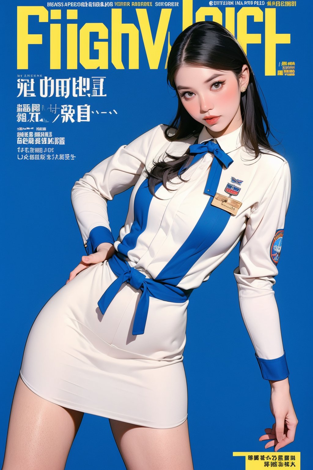 1girl, ((flight attendant,)) thigh up body, styled detailed clothes, looking at viewer, sharp focus, magazine cover, blue background, chimai,