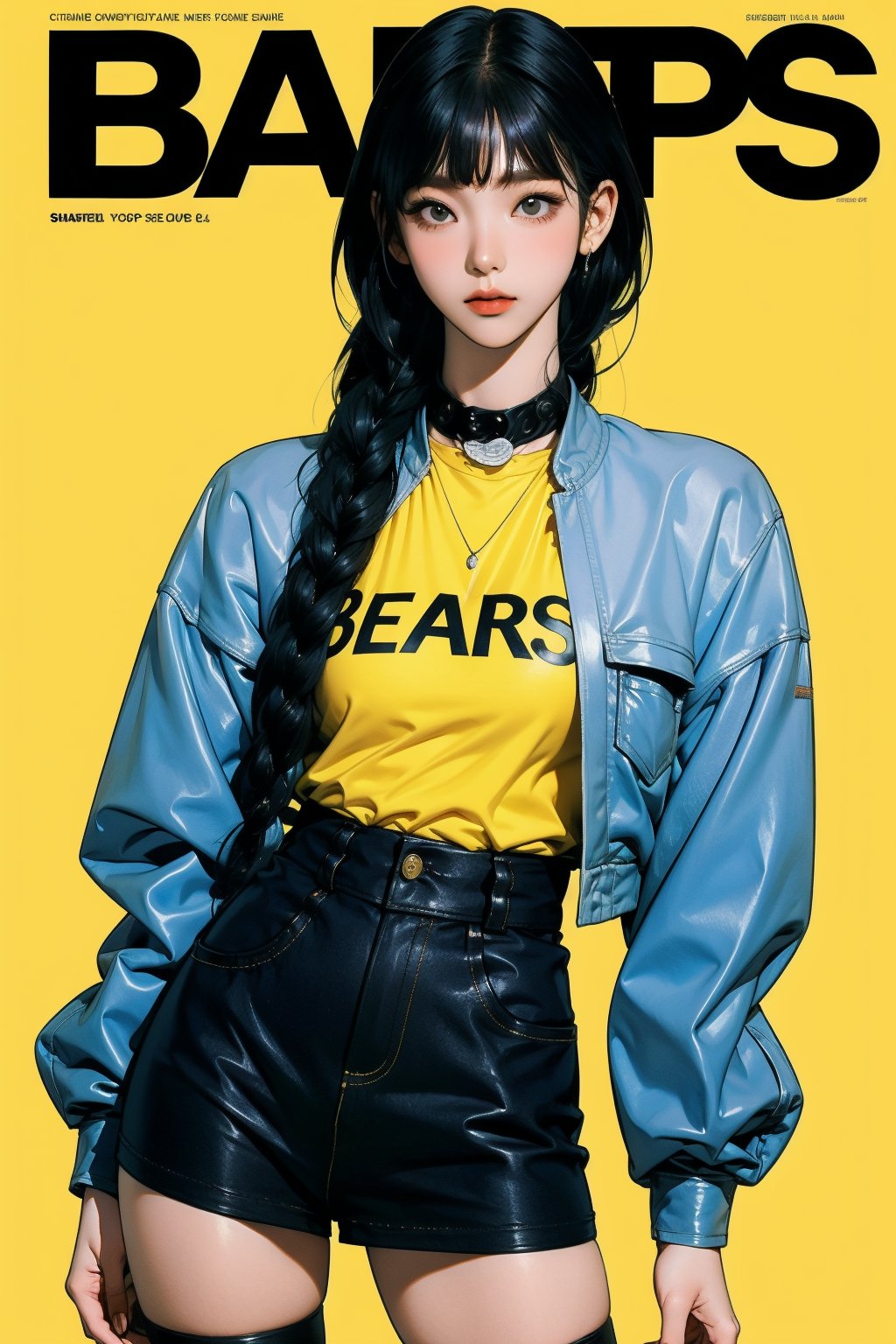 1girl, thigh up body, detailed clothes, kpop idol, middle length hair, 2_braided_hair, blunt bangs, looking at viewer, sharp focus, magazine cover, yellow background, ((outline,)) chimai, aespakarina,sanatw