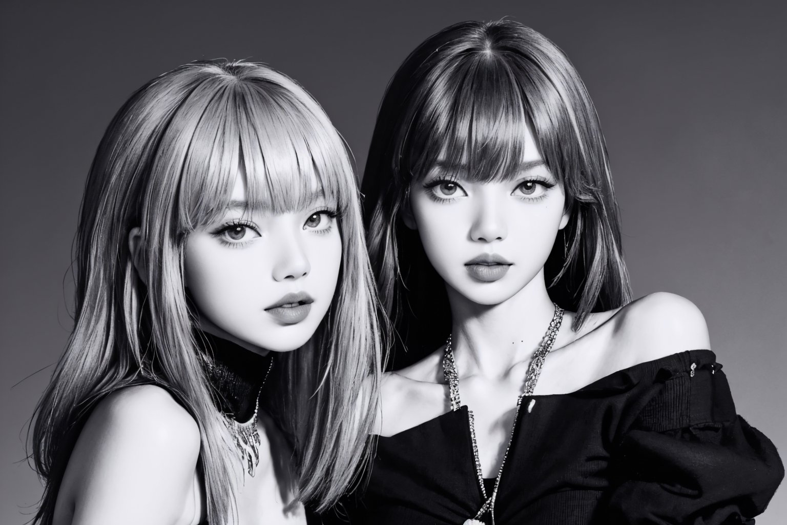 ((masterpiece, best quality, digital art, official art, artwork, hip up body,)) monochrome, different color hair, 1girl, looking at viewer, professional lighting, high quality, ultra detailed, simple background, htt,jennie,lisa