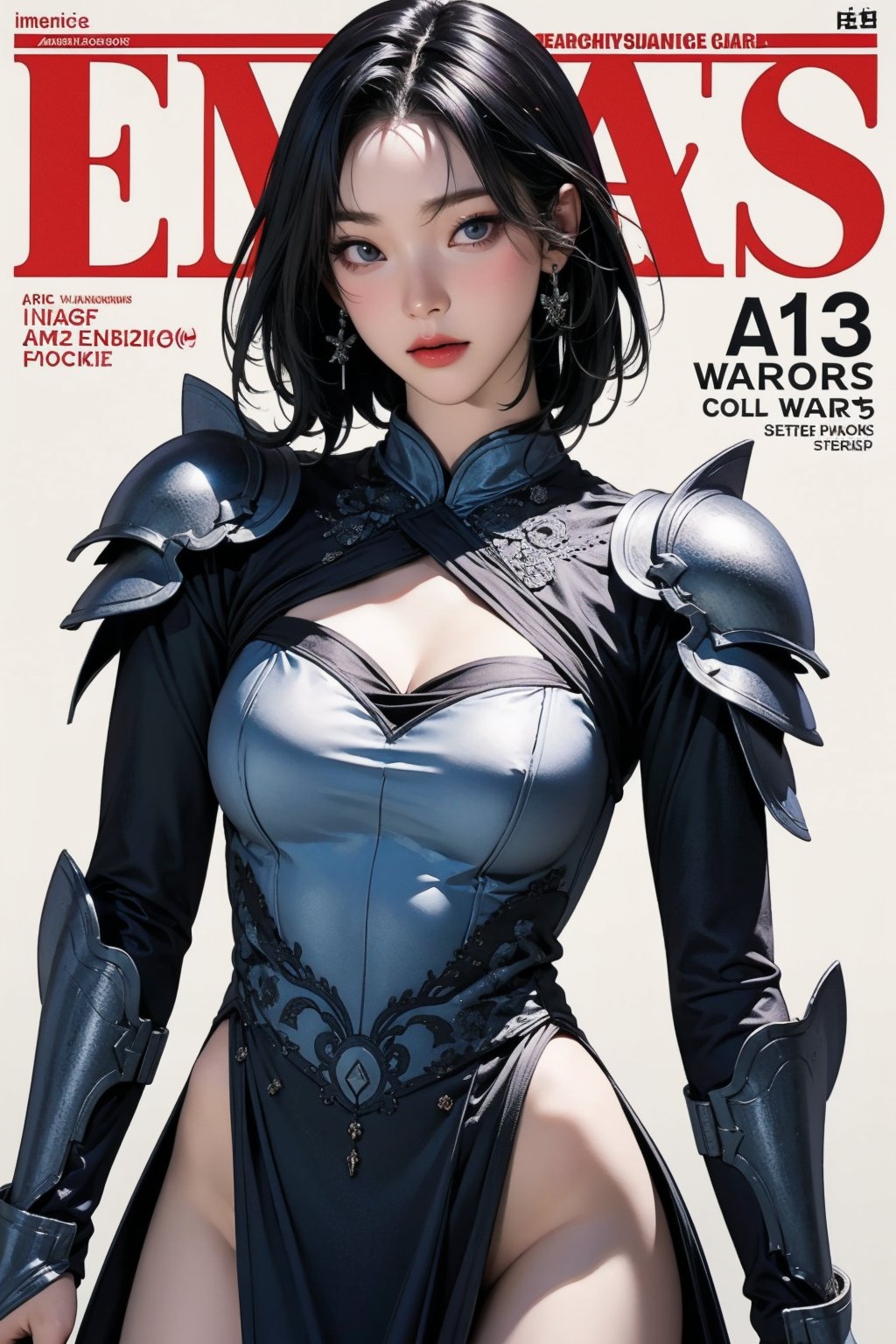 ((arc warior, )) thigh up body, standing, 1girl, looking at viewer, intricate clothes, professional lighting, different hairstyle, coloful outfit, magazine cover, fantasy, ancient, armor, aespakarina, 