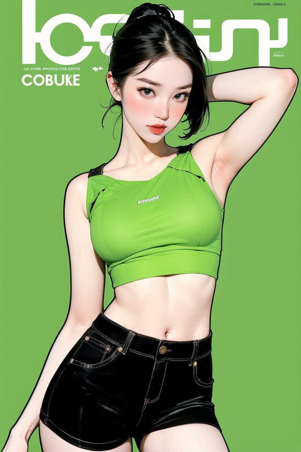 1girl, thigh up body, detailed clothes, kpop idol, hairstyle, croptop, looking at viewer, sharp focus, magazine cover, green background, ((outline,)) chimai, aespakarina,sanatw