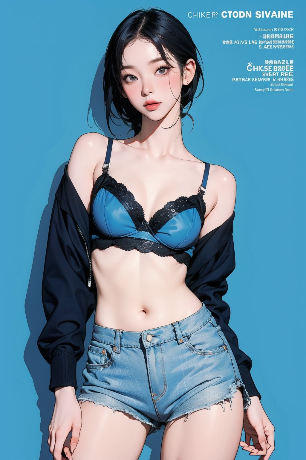 1girl, thigh up body, detailed clothes, bralette model, looking at viewer, sharp focus, magazine cover, blue background, ((outline,)) chimai,