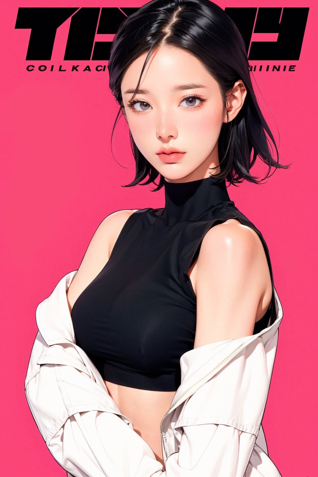 1girl, looking at viewer, styled clothes, turtle neck croptop, sleeveless, hairstyle, sharp focus, magazine cover, coloful background, 2D artstyle, outline, 

chimai,hine,hakil,yuong01,johyun