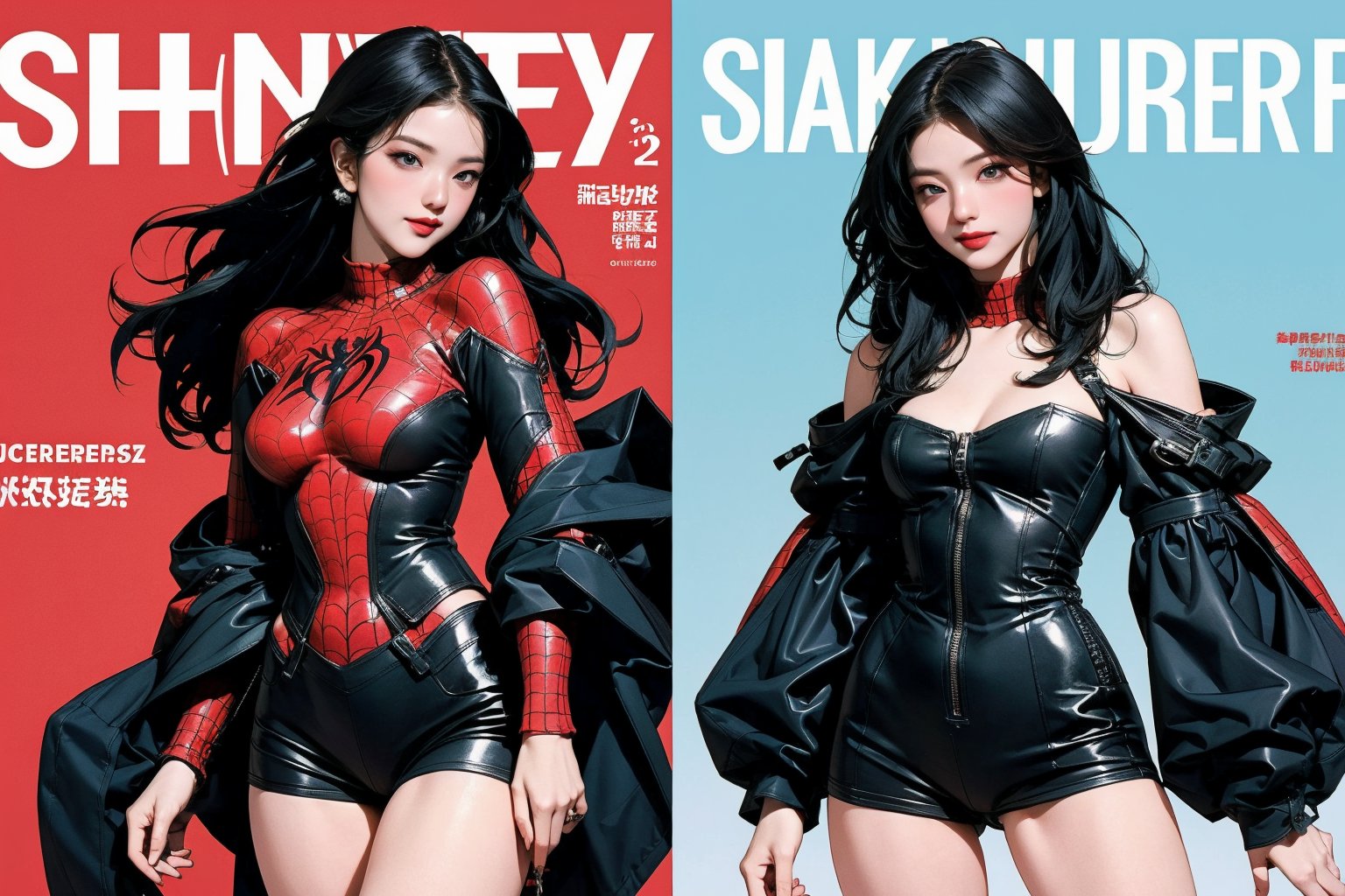 (1girl, thigh up body,) spiderman cosplay, no mask, looking at viewer, cinematic lighting, cinematic composition, hairstyle, magazine cover, 2D artstyle, split screen by 2,



johyun, wyntracy, hine, hakil, htt, chimai, sim, yuong01, sana, QA, aespakarina, huondey,kn,jisoo