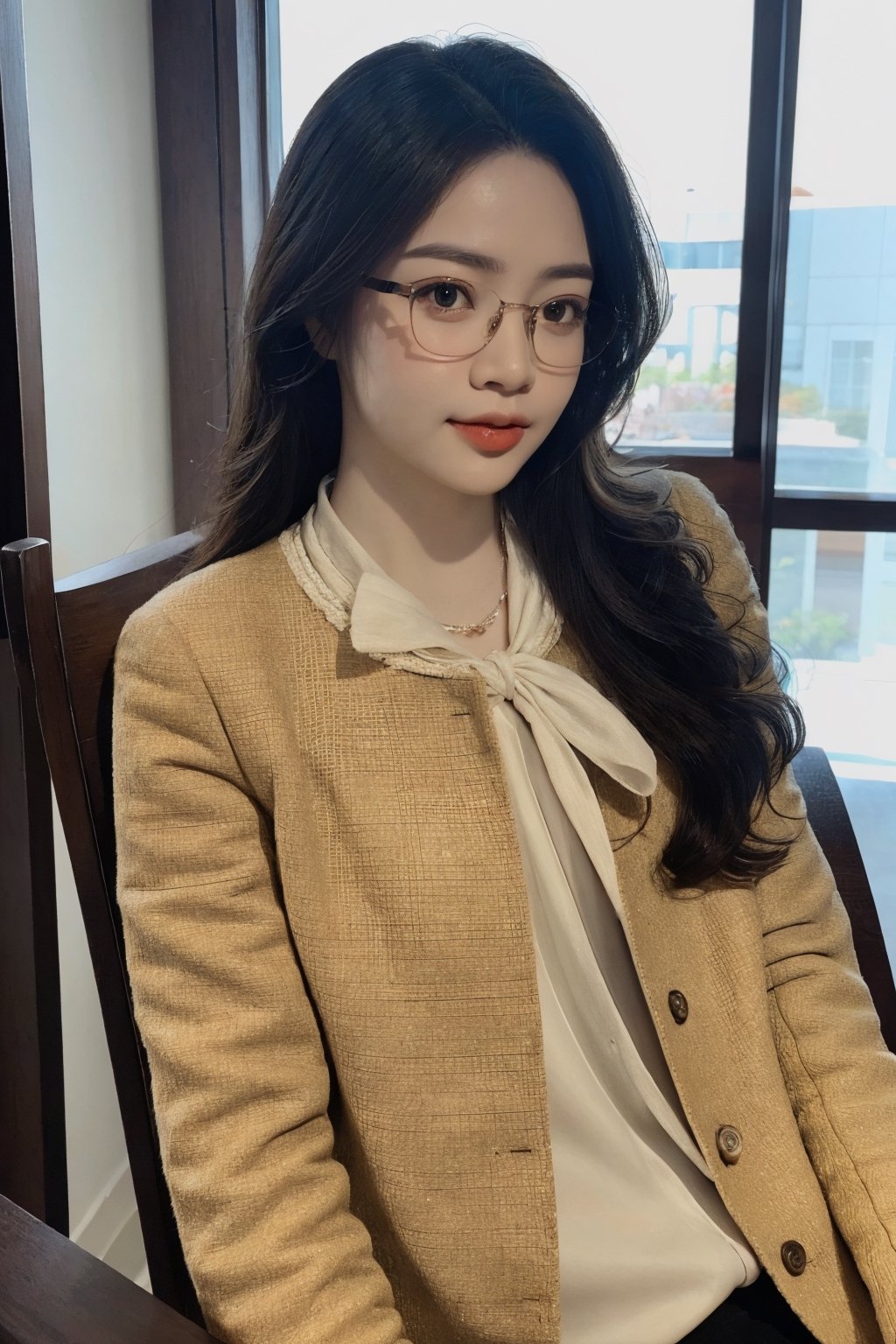 ((styled clothes, looking straight at viewer,)) necklace, eyeglasses, 1girl, ultra detailed, best quality, sharp focus, natural lighting, huondey,