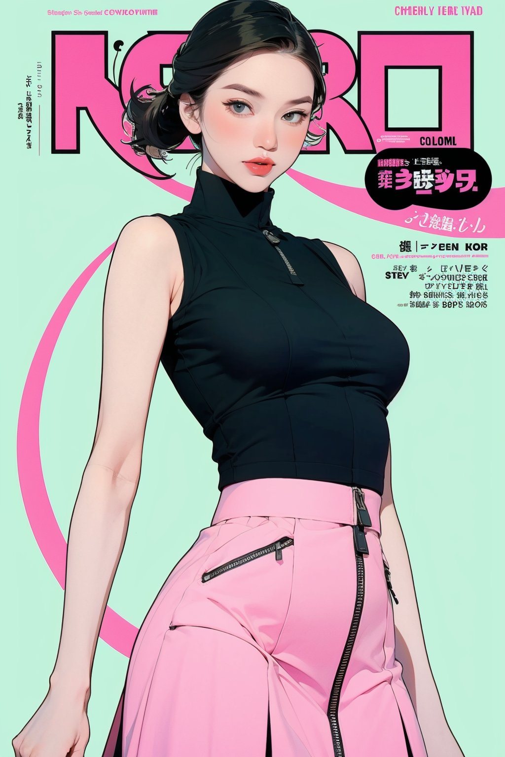 lustful, 1girl, styled clothes, turtle neck croptop, sleeveless, zipped skirt, hairstyle, looking at viewer, sharp focus, magazine cover, coloful background, ((2D artstyle, outline,)) chimai,