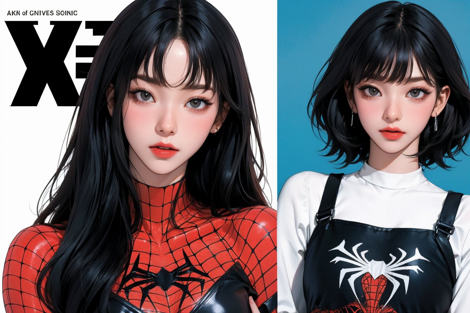 (1girl, thigh up body, spiderman cosplay, blunt bangs,) no mask, looking at viewer, cinematic lighting, cinematic composition, hairstyle, magazine cover, 2D artstyle, split screen by 2,



johyun, wyntracy, hine, hakil, htt, chimai, sim, yuong01, sana, QA, aespakarina, huondey,kn,jisoo