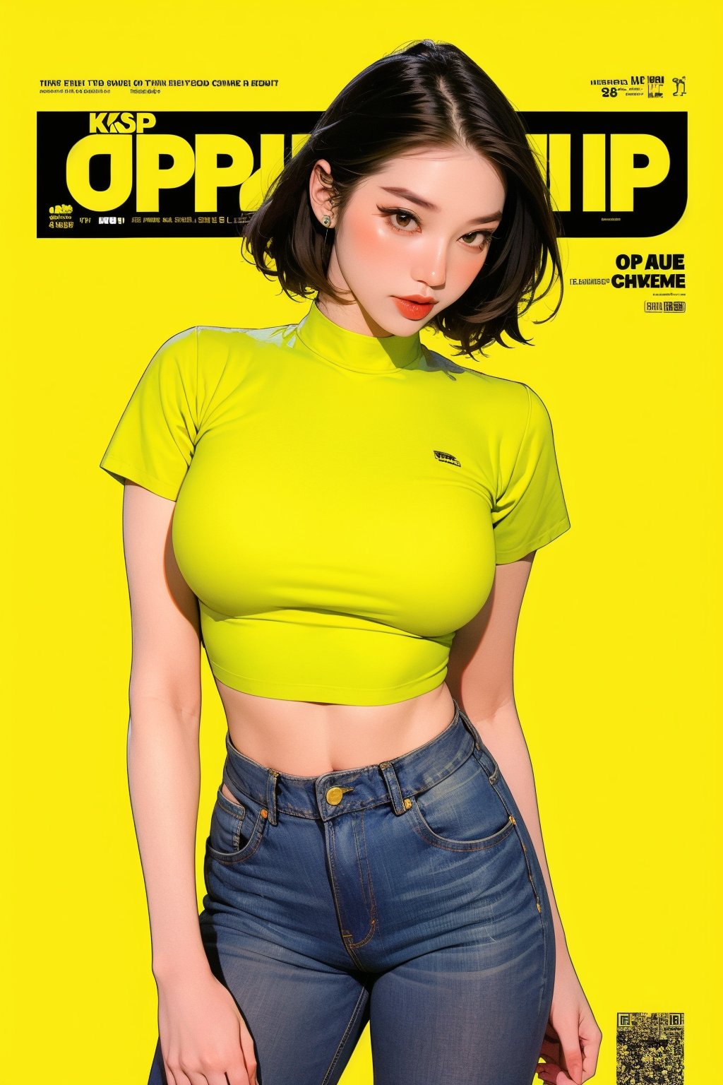 1girl, thigh up body, detailed clothes, kpop idol, hairstyle, croptop, large_boyfriend_jeans, looking at viewer, sharp focus, magazine cover, yellow background, ((outline,)) chimai, aespakarina,sanatw