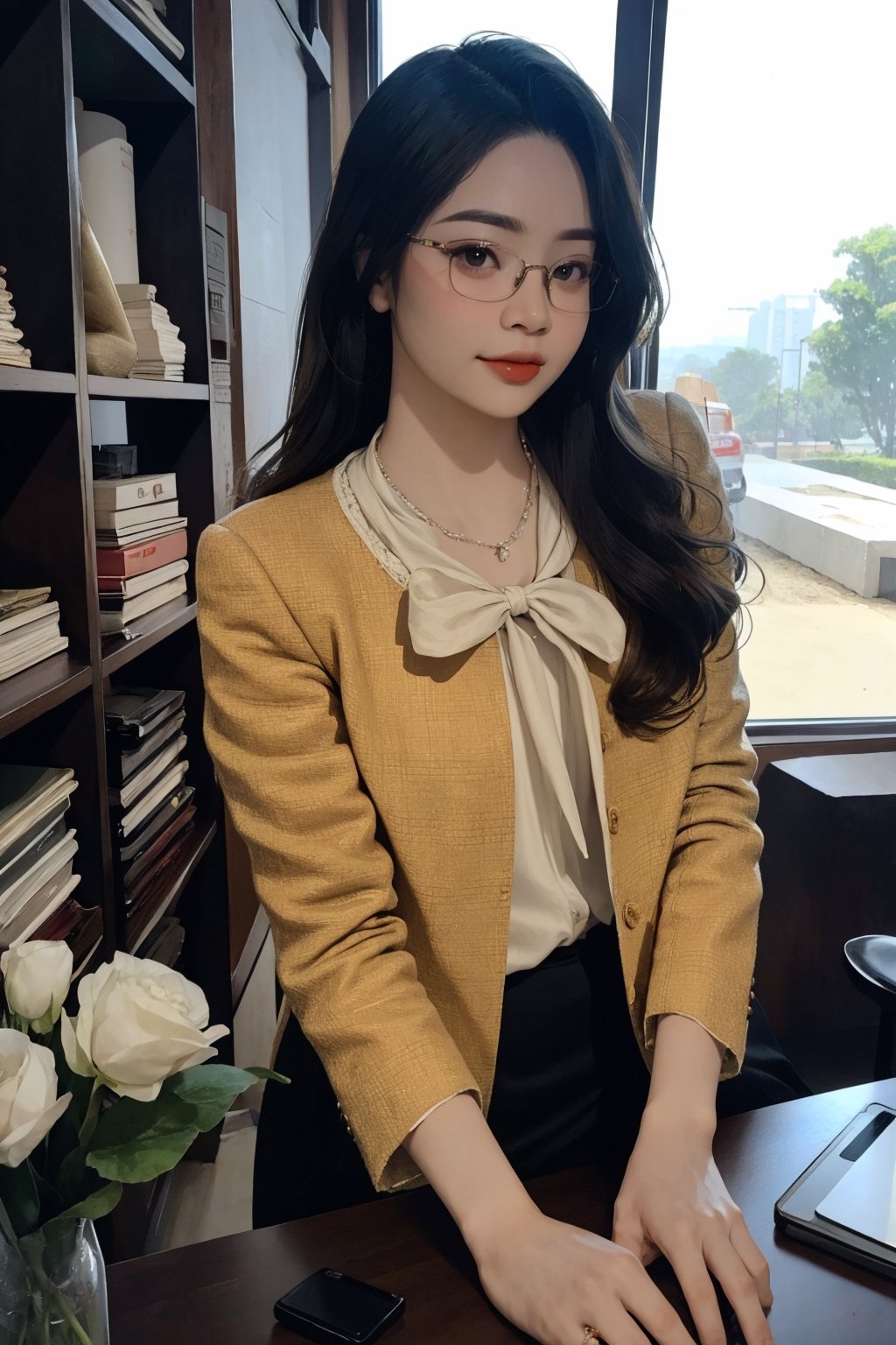 ((styled clothes, looking straight at viewer,)) necklace, eyeglasses, 1girl, ultra detailed, best quality, sharp focus, natural lighting, huondey,