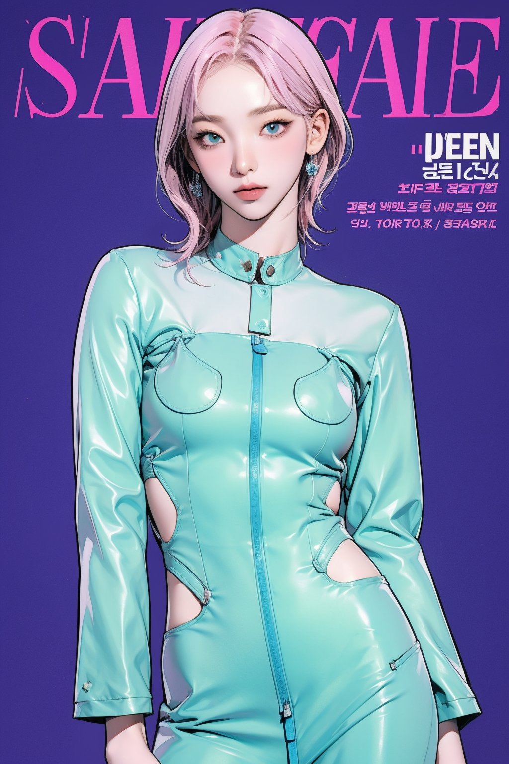 allure, 1girl, thigh up body, detailed clothes, cutout, kpop idol outfit, styled, medium hair, pink purple hair, looking at viewer, sharp focus, magazine cover, cyan blue background, ((outline,)) chimai, aespakarina,sanatw