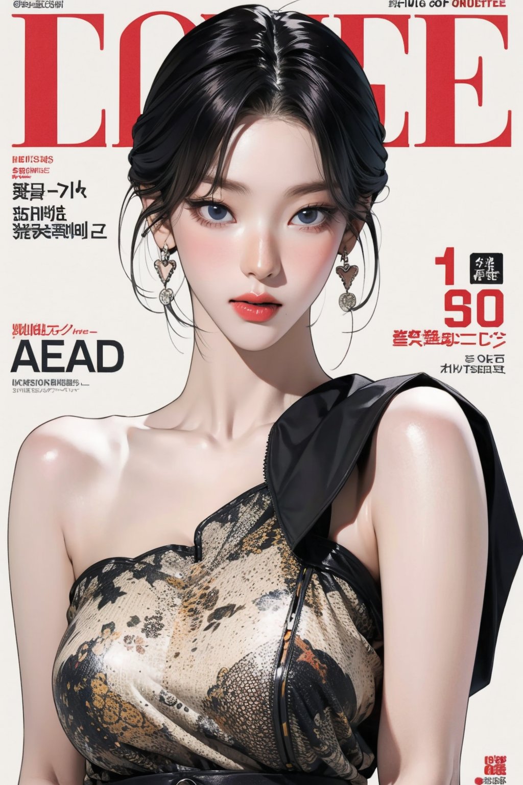 1girl, thigh up body, looking at viewer, styled clothes, hairstyle, aespakarina, magazine cover, earrings, 