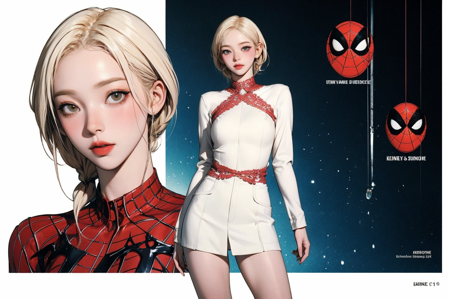 (1girl, ((thigh up body, standing,)) spiderman cosplay, blonde hair,) no mask, looking at viewer, cinematic lighting, cinematic composition, hairstyle, magazine cover, 2D artstyle, split screen by 2,



johyun, wyntracy, hine, hakil, htt, chimai, sim, yuong01, sana, QA, aespakarina, huondey,kn,jisoo