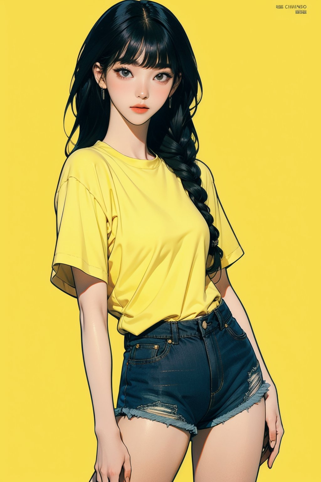 1girl, thigh up body, detailed clothes, kpop idol, middle length hair, 2_braided_hair, blunt bangs, shorts, looking at viewer, sharp focus, magazine cover, yellow background, ((outline,)) chimai, aespakarina,sanatw