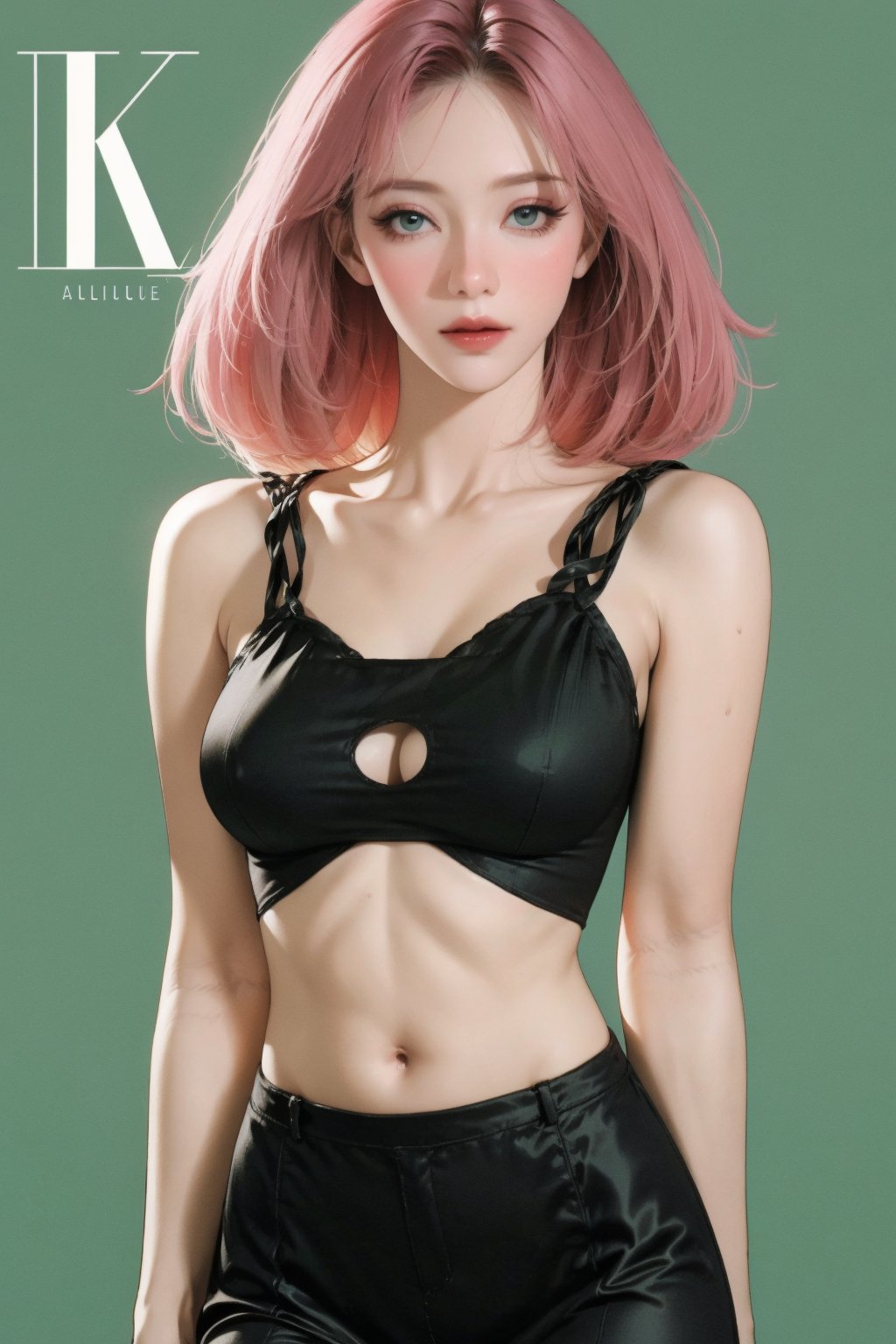 lustful, allure, sexy, ((sport_girl outfit)), 1girl, pink hair, thigh up body, looking at viewer, translucent, intricate clothes, cutout clothes, cinematic lighting, different hairstyle, magazine cover, green background,  kmiu