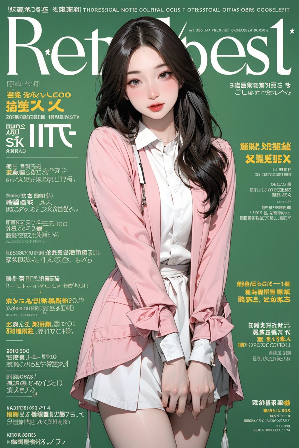 nsfw, 1girl, thigh up body, looking at viewer,  different color hair, kpop idol, professional lighting, different hairstyle, coloful, magazine cover, best quality, masterpiece, green background,htt