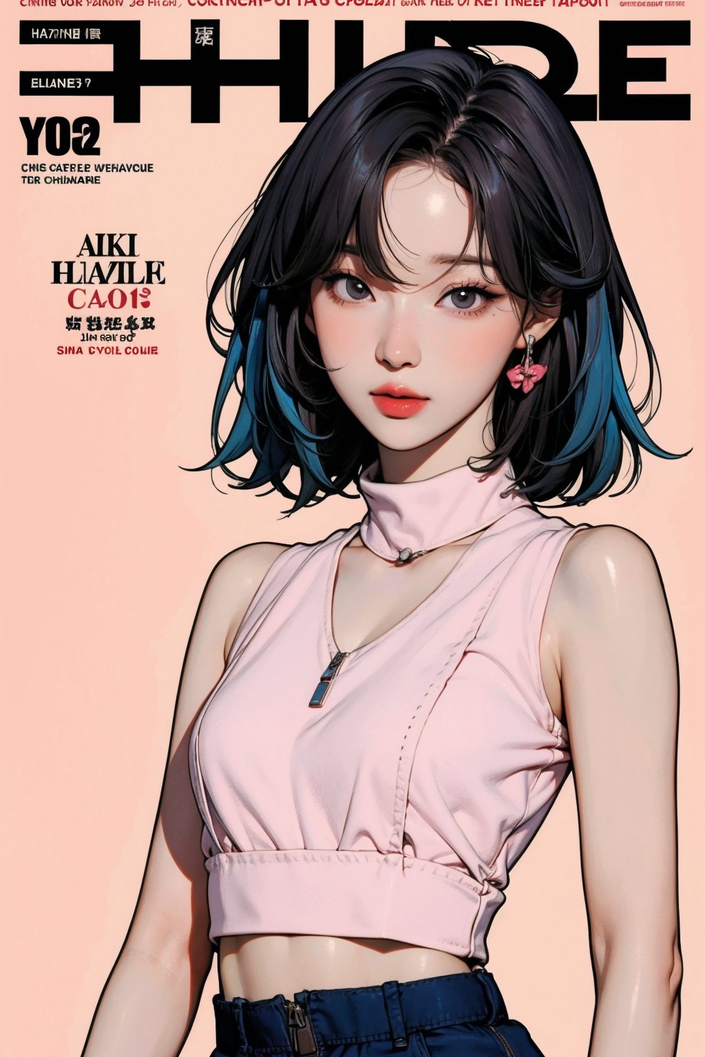 1girl, looking at viewer, styled clothes, turtle neck croptop, sleeveless, hairstyle, sharp focus, magazine cover, coloful background, 2D artstyle, outline, 

chimai,hine,hakil,yuong01,johyun,sim,haohaoulz,kn