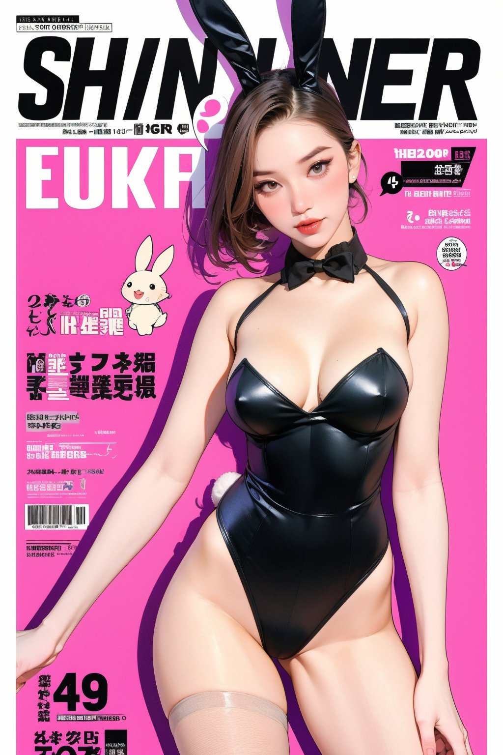 1girl, thigh up, mesh bunnyleotard, bunny ears, bunny tail, detailed clothes, looking at viewer, sharp focus, magazine cover, colorful background, outline, chimai,