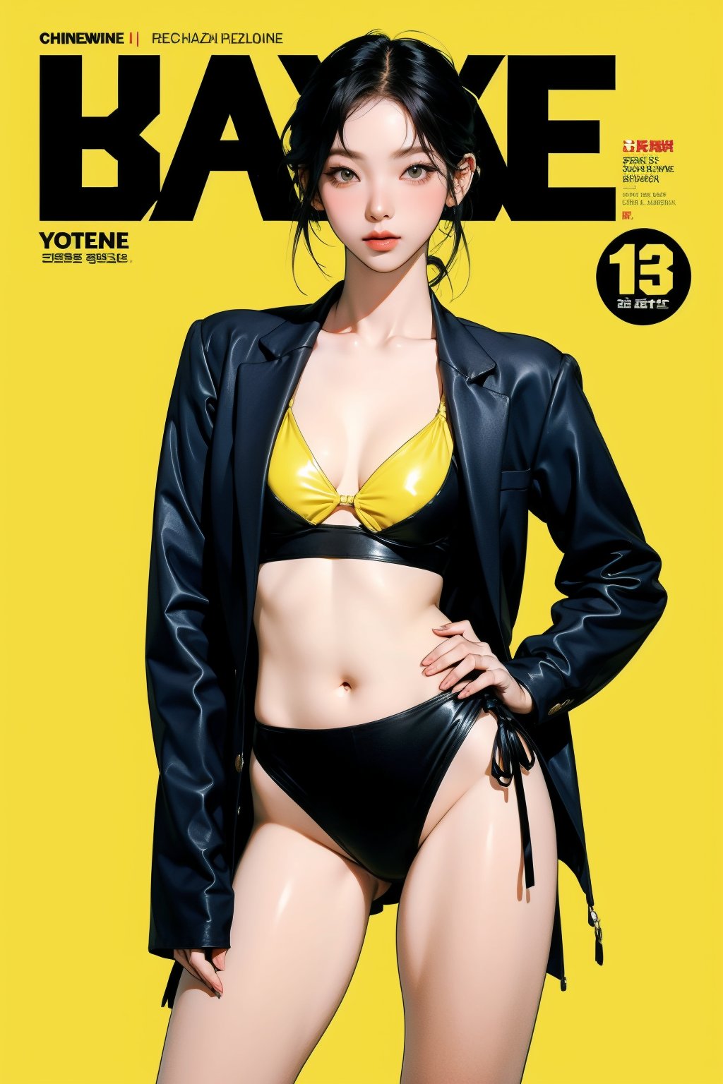 1girl, thigh up body, detailed clothes, bikini model, looking at viewer, sharp focus, magazine cover, yellow background, ((outline,)) chimai, aespakarina