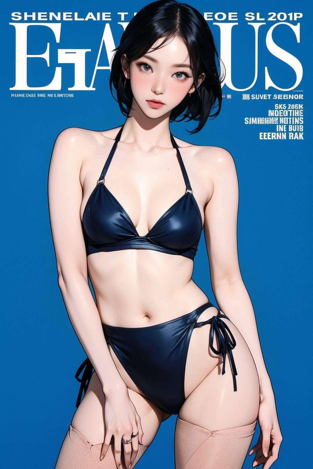 1girl, thigh up body, detailed clothes, bikini model, looking at viewer, sharp focus, magazine cover, blue background, ((outline,)) chimai,aespakarina