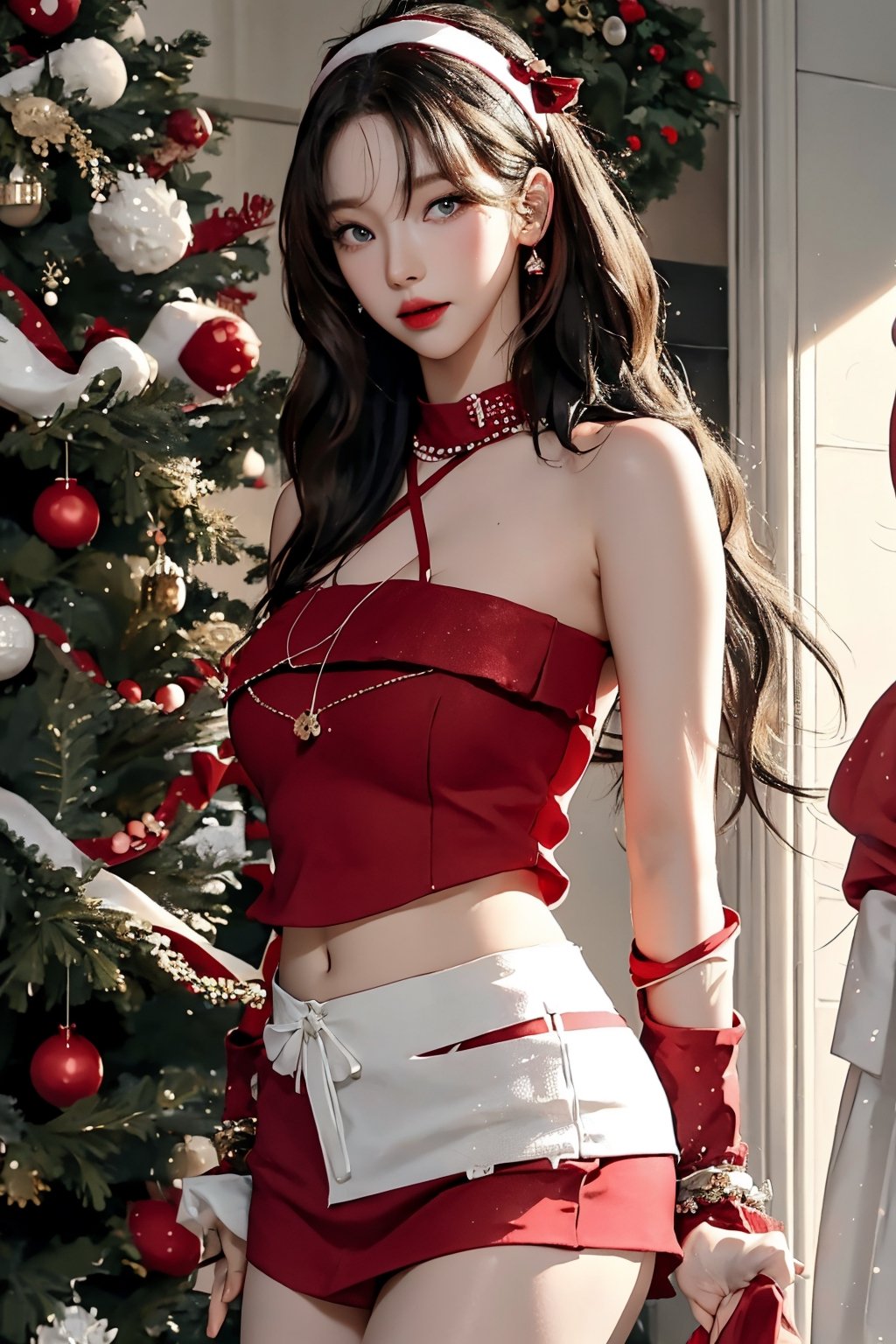 1girl, masterpiece, high detailed, realistic, digital art, beautiful girl, christmas, christmas girl costume, thighs up body, cropped clothes, skirt, red and white theme, aespakarina, aespakarina, 1girl, detailed beautiful face, detailed beautiful eyes, sharp focus, hair band, 