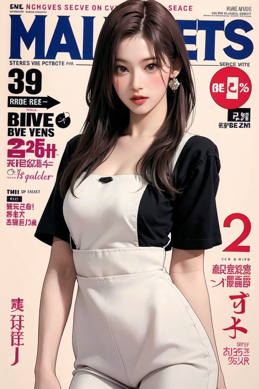 1girl, thigh up body, maid outfit, long hair, looking at viewer, detailed clothes, earrings, sanatw, magazine cover, 