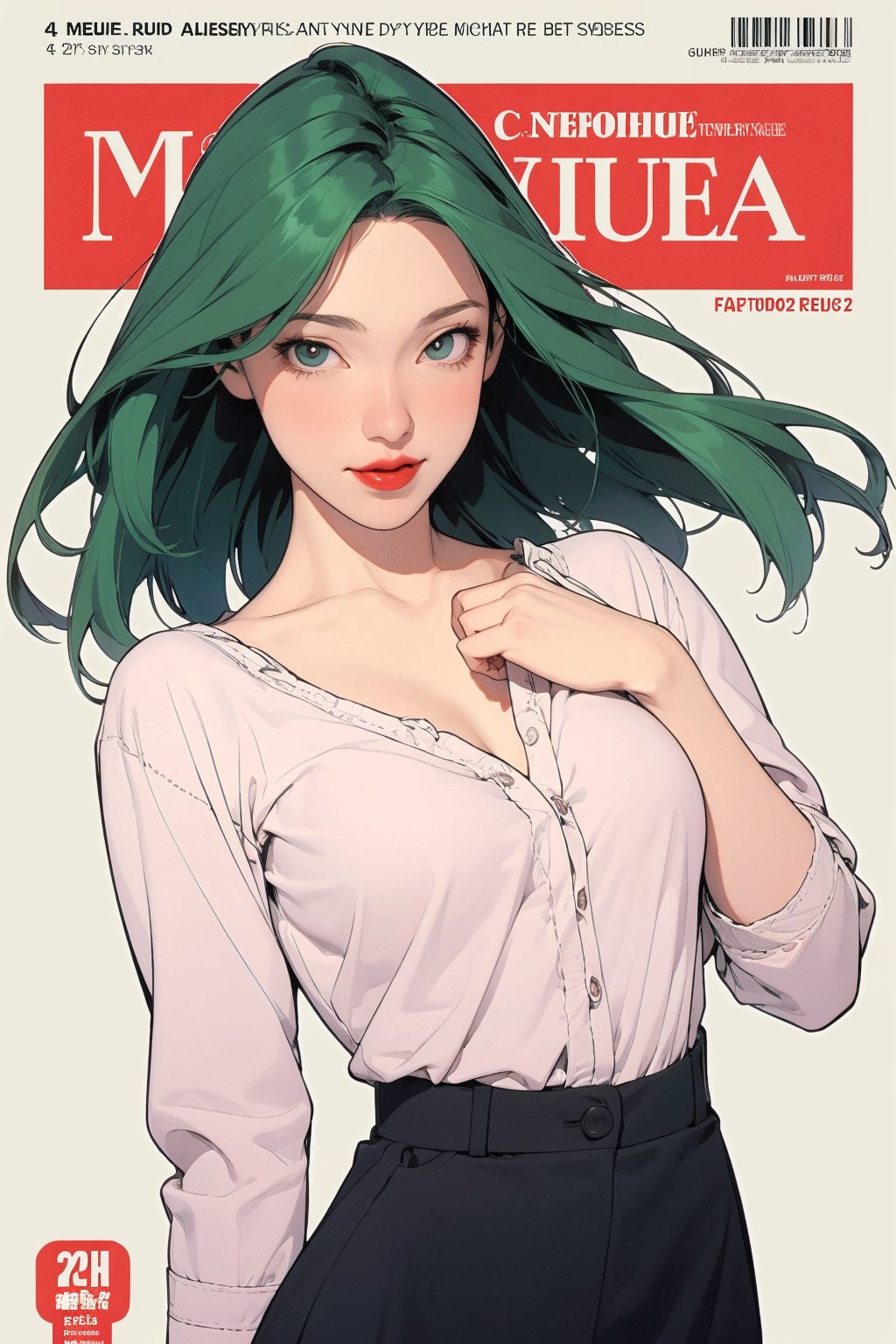 mature, lustful, allure, 1girl, green hair, red lips, eye_lens, detailed and styled clothes, medium breasts, skirt, looking at viewer, best quality, masterpiece, sharp focus, hakil, magazine cover, ((outline, 2D manga artstyle,))