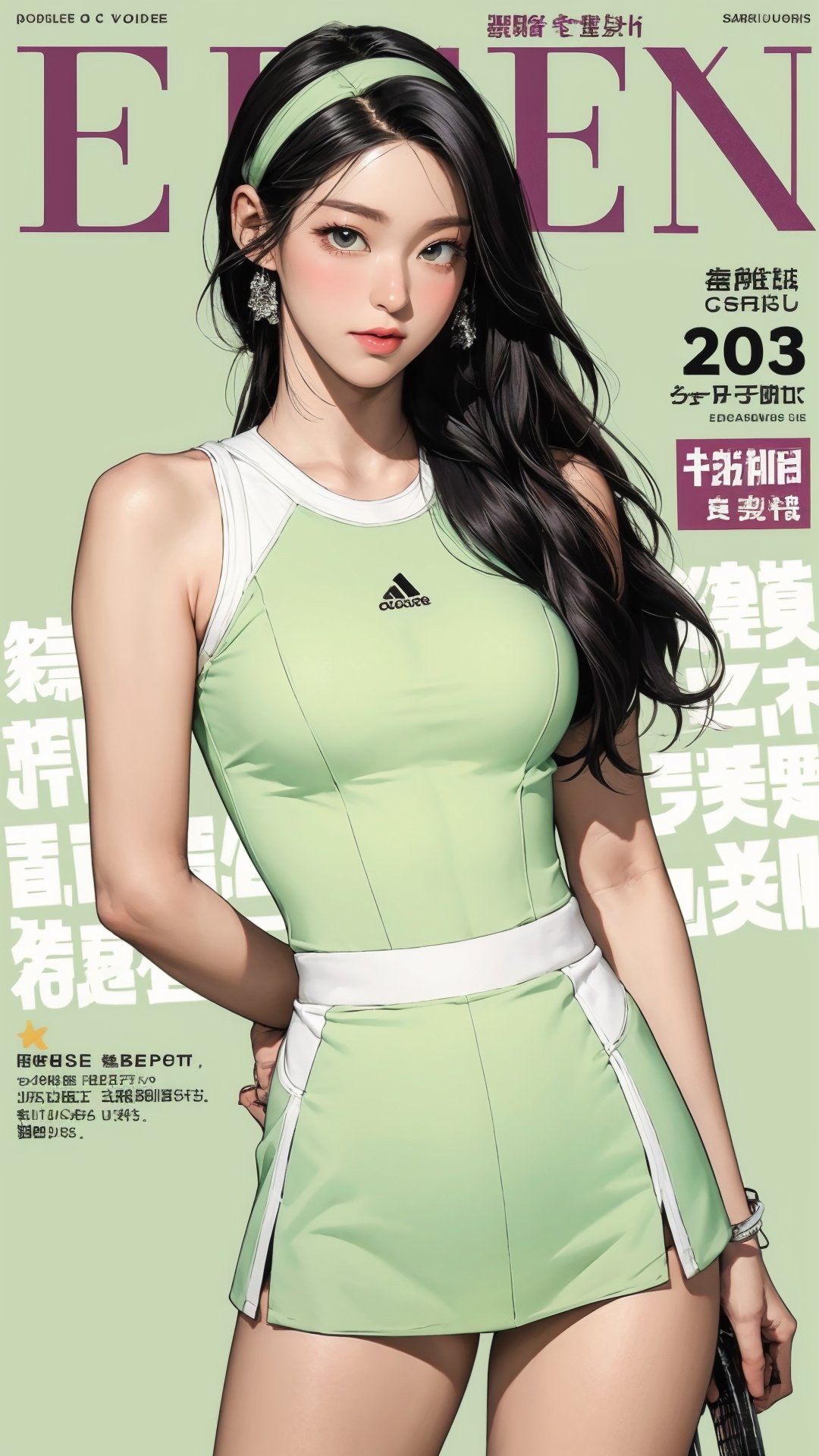 1girl, standing, thigh up body, hairband, ((looking at viewer, tennis girl outfit,)) 2D artstyle, magazine cover, outline, earings, blush, green background, hairstyle, ultra detailed, best quality, sharp focus, kmiu,sim,haohaoulz,aespawinter,huondey,seolhuyn