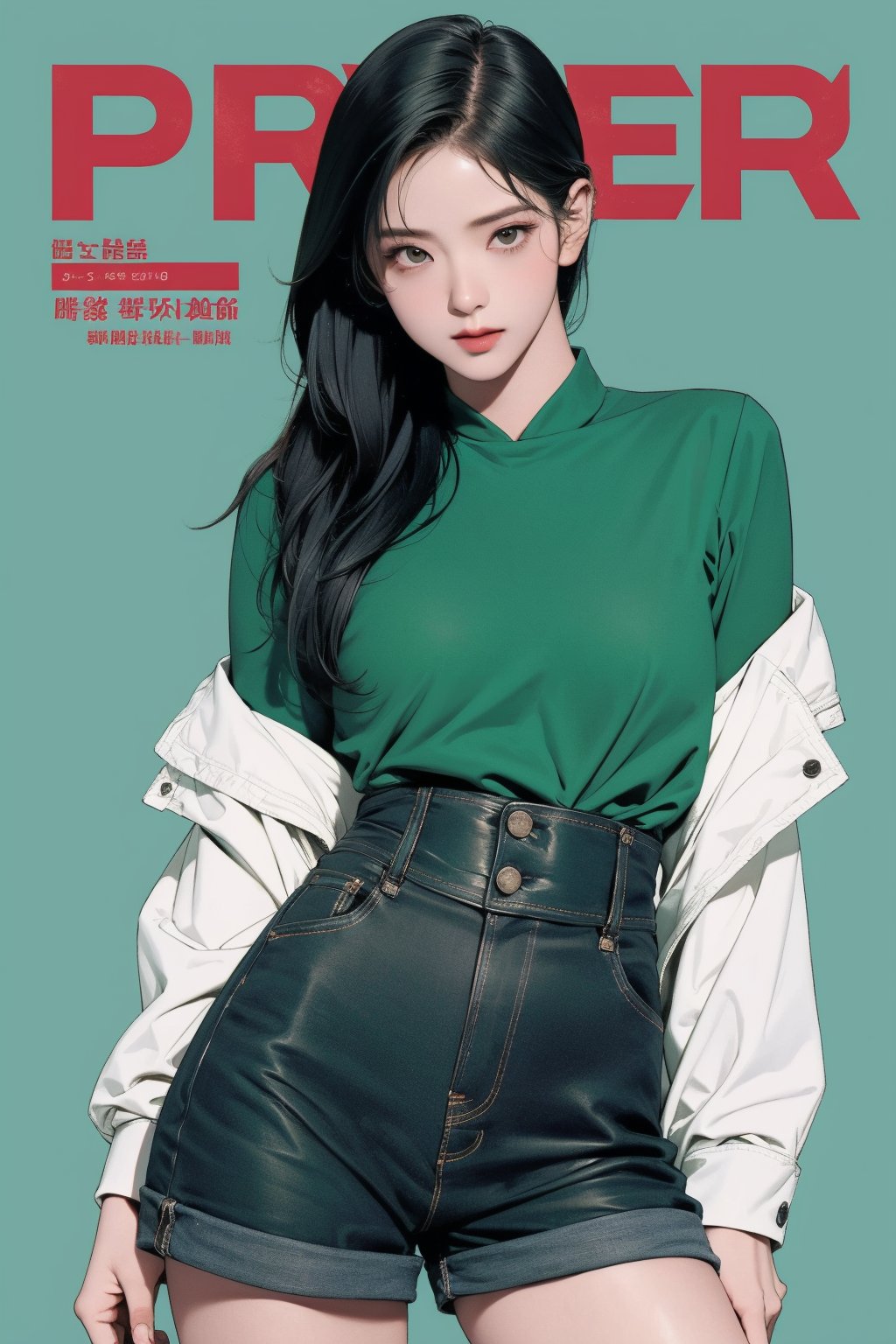 1girl, thigh up body, standing, looking at viewer, detailed clothes, accurate color reproduction, best quality, professionally color graded, artwork, blurring effect, professional lighting, sanatw, magazine cover, green background, jisoo