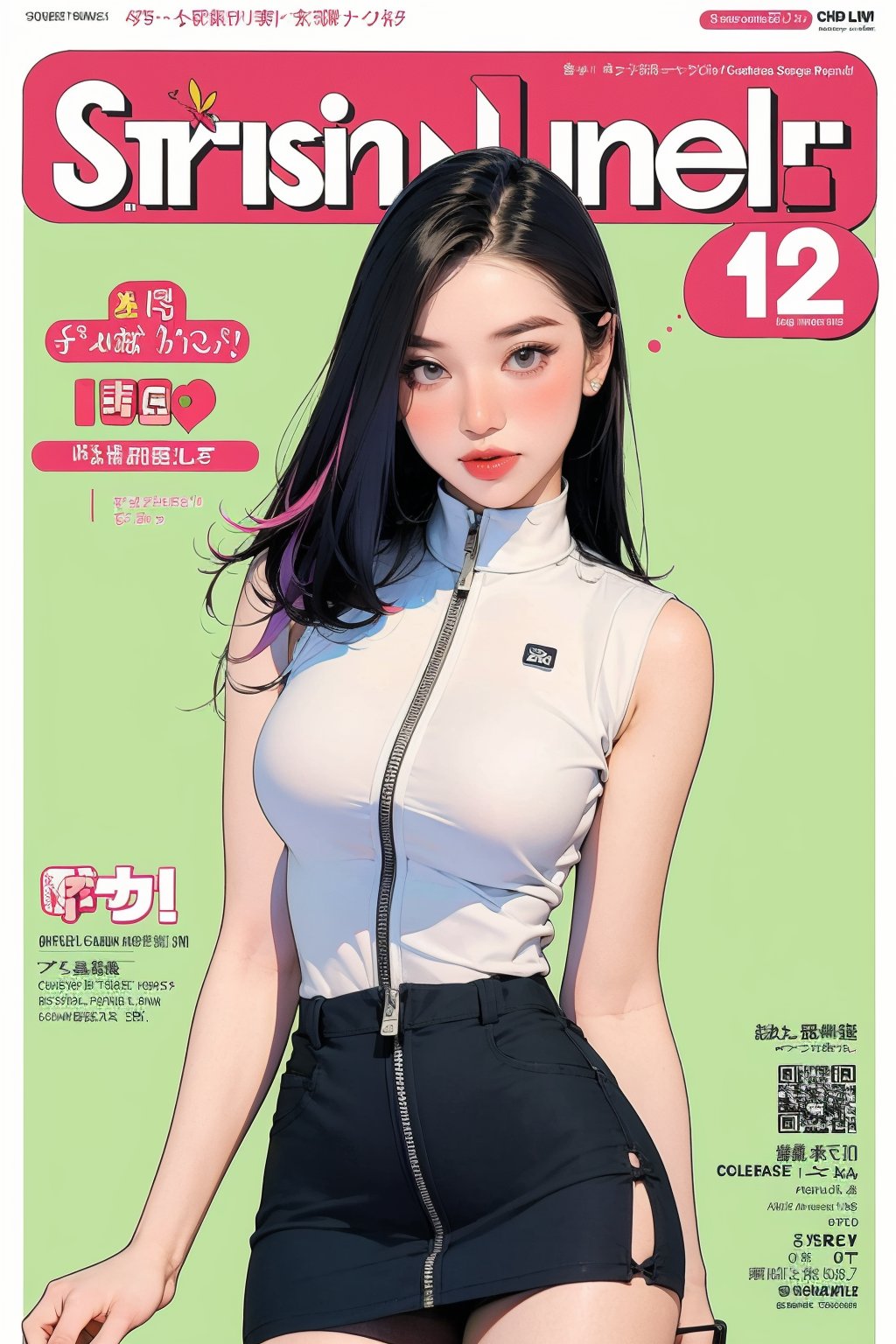 1girl, standing, looking at viewer, styled clothes, turtle neck shirt, sleeveless, zipped mini skirt, ((stocking,)) hairstyle, sharp focus, magazine cover, coloful background, 2D artstyle, outline, chimai,