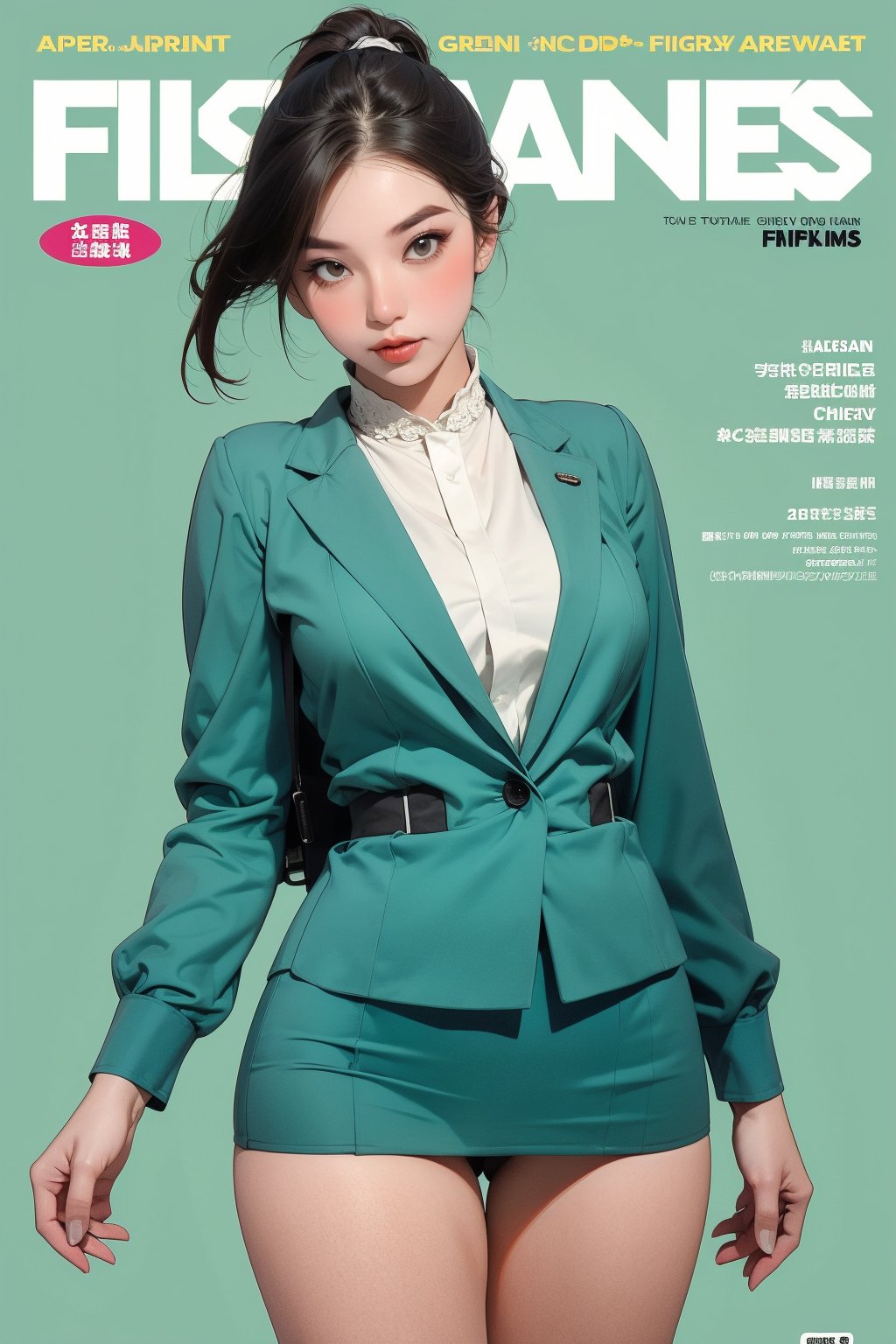 1girl, ((flight attendant outfit,)) thigh up body, detailed clothes, looking at viewer, sharp focus, magazine cover, green background, chimai,