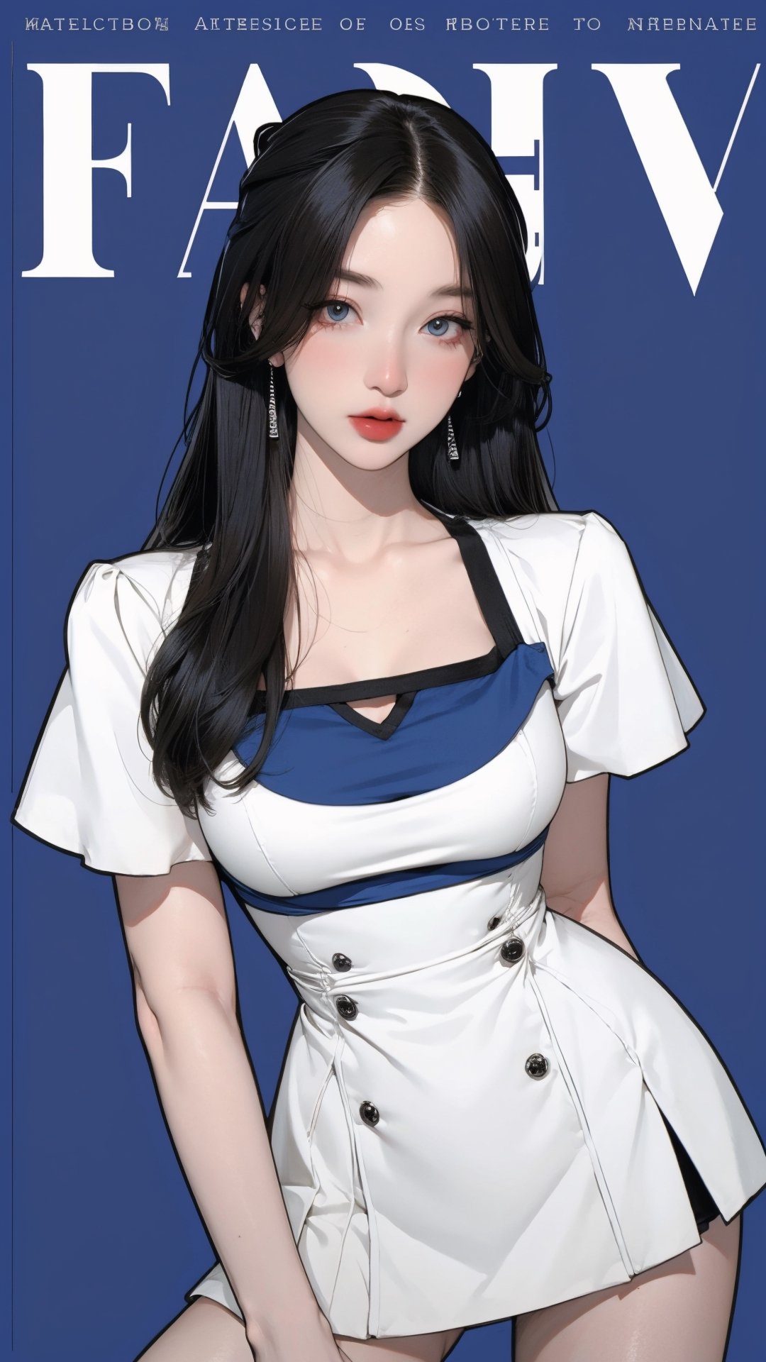 1girl, looking at viewer, thigh up body, stocking, earings, elegant, allure emotion, nsfw, blue background, hairstyle, styled clothes, cutout clothes, dynamic composition, ultra detailed, best quality, sharp focus, magazine cover, outline, 2D artstyle,aespakarina,htt