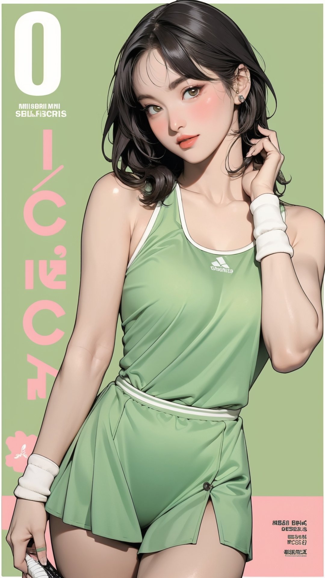 1girl, standing, thigh up body, ((looking at viewer, tennis girl outfit, center opening,)) 2D artstyle, magazine cover, outline, earings, blush, green background, hairstyle, ultra detailed, best quality, sharp focus, ,DiaSondef,sophiesw,Mia ,Anna ,mthanhh,minatw,momo