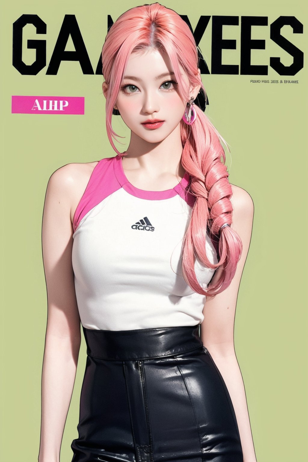 tennis girl outfit, 1girl, standing, pink hair, looking at viewer, hairstyle, detailed clothes, earrings, sanatw, magazine cover, green background,