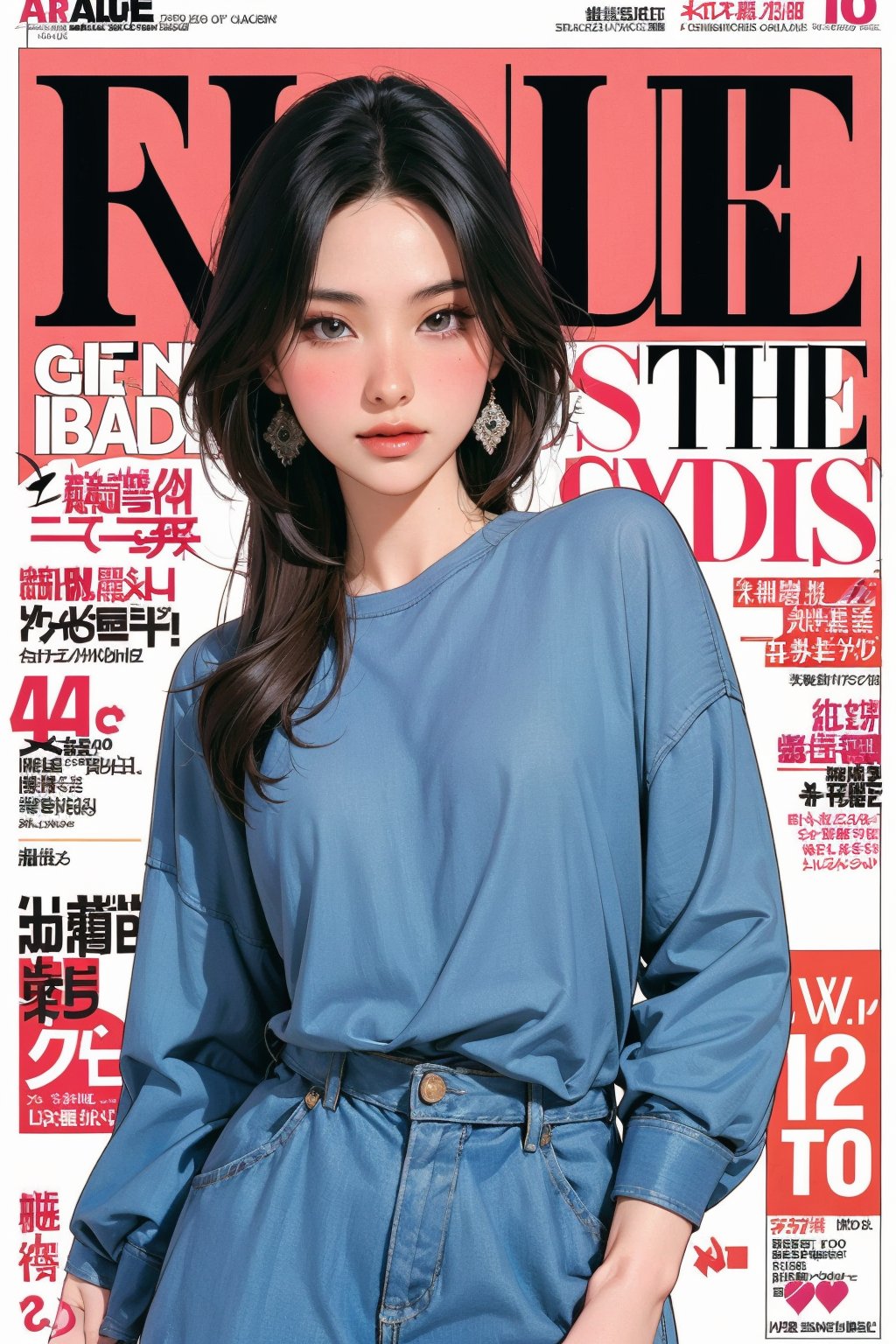 allure, sexy, 1girl, blush, hip up, styled outfit, detailed clothes, looking straight at viewer, earrings, magazine cover, outline, johyun, QA