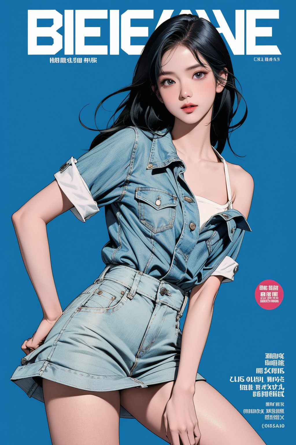 1girl,  looking at viewer, detailed clothes, ((strap shirt,)) miniskirt, accurate color reproduction, best quality, professionally color graded, artwork, blurring effect, professional lighting, sanatw, magazine cover, blue background, jisoo