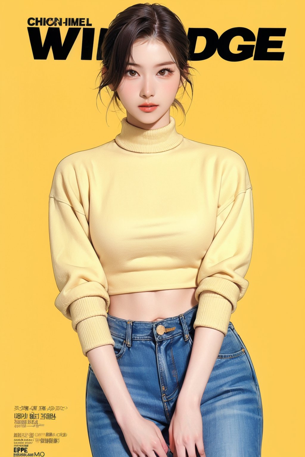 1girl, thigh up body, detailed clothes, kpop idol, turtle_neck_croptop, boyfriend_jeans, looking at viewer, sharp focus, magazine cover, yellow background, ((outline,)) chimai, aespakarina,sanatw