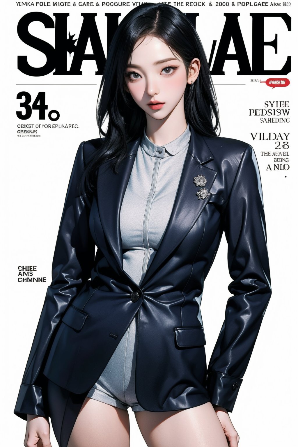 allure, 1girl, flight attendant, thigh up body, styled detailed clothes, looking at viewer, sharp focus, magazine cover, chimai,