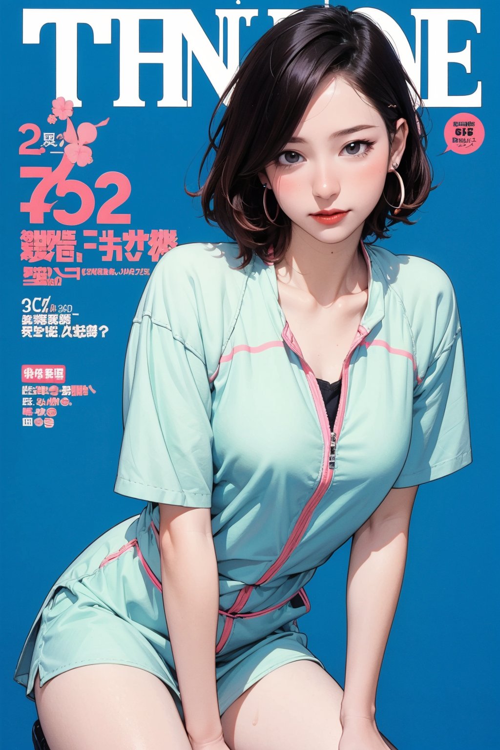 nsfw, tennis girl outfit, 1girl, blush, thigh up, looking straight at viewer, earrings, magazine cover, 2D manga artstyle, outline, blue background, hine