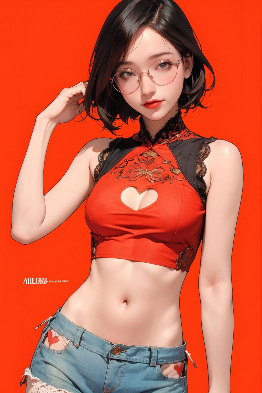 allure, lustful, 1girl, thigh up body, looking at viewer, translucent, intricate clothes, cutout clothes, ((sleeveless, navel cutout, )), cinematic lighting, hairstyle, magazine cover, red background, hakil, eyeglasses,