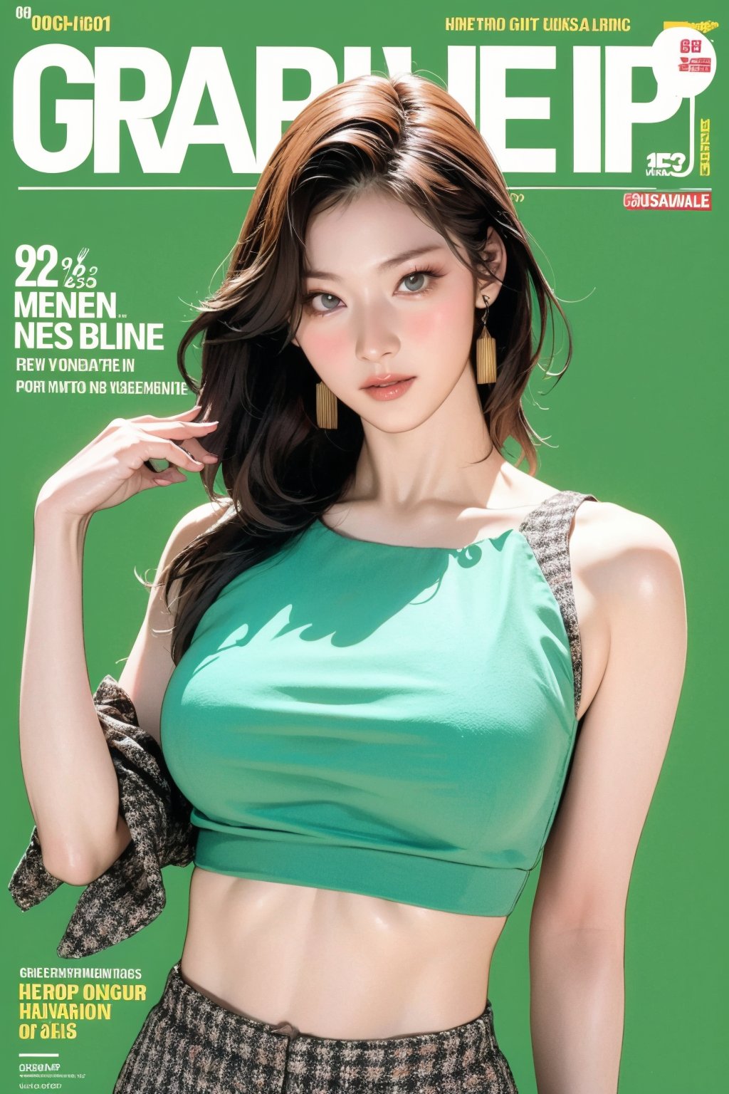 1girl, hip up body, looking at viewer, detailed clothes, earrings, sanatw, magazine cover, green background,