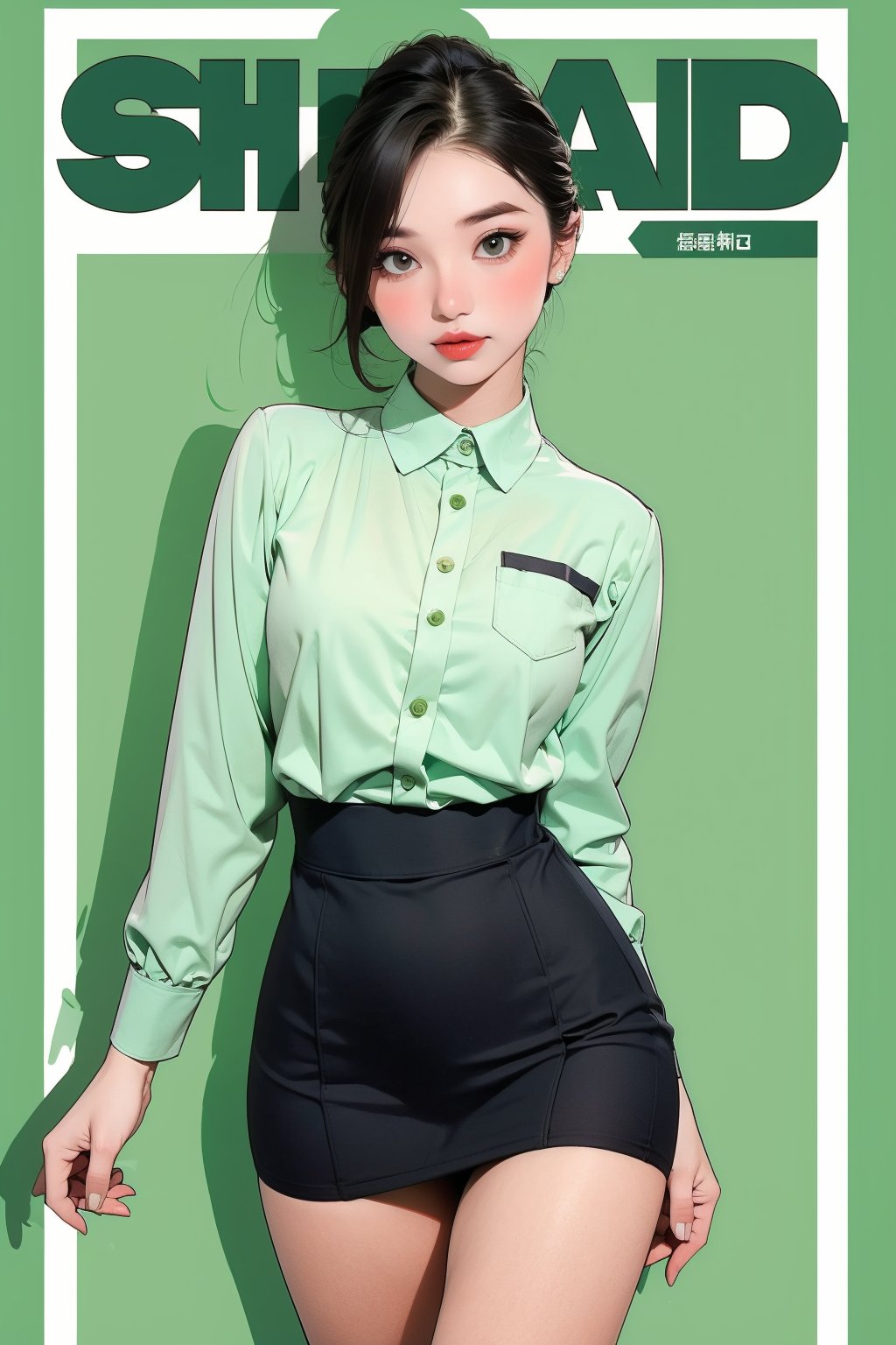 1girl, flight attendant outfit, thigh up body, detailed clothes, looking at viewer, sharp focus, magazine cover, green background, ((outline,)) chimai,