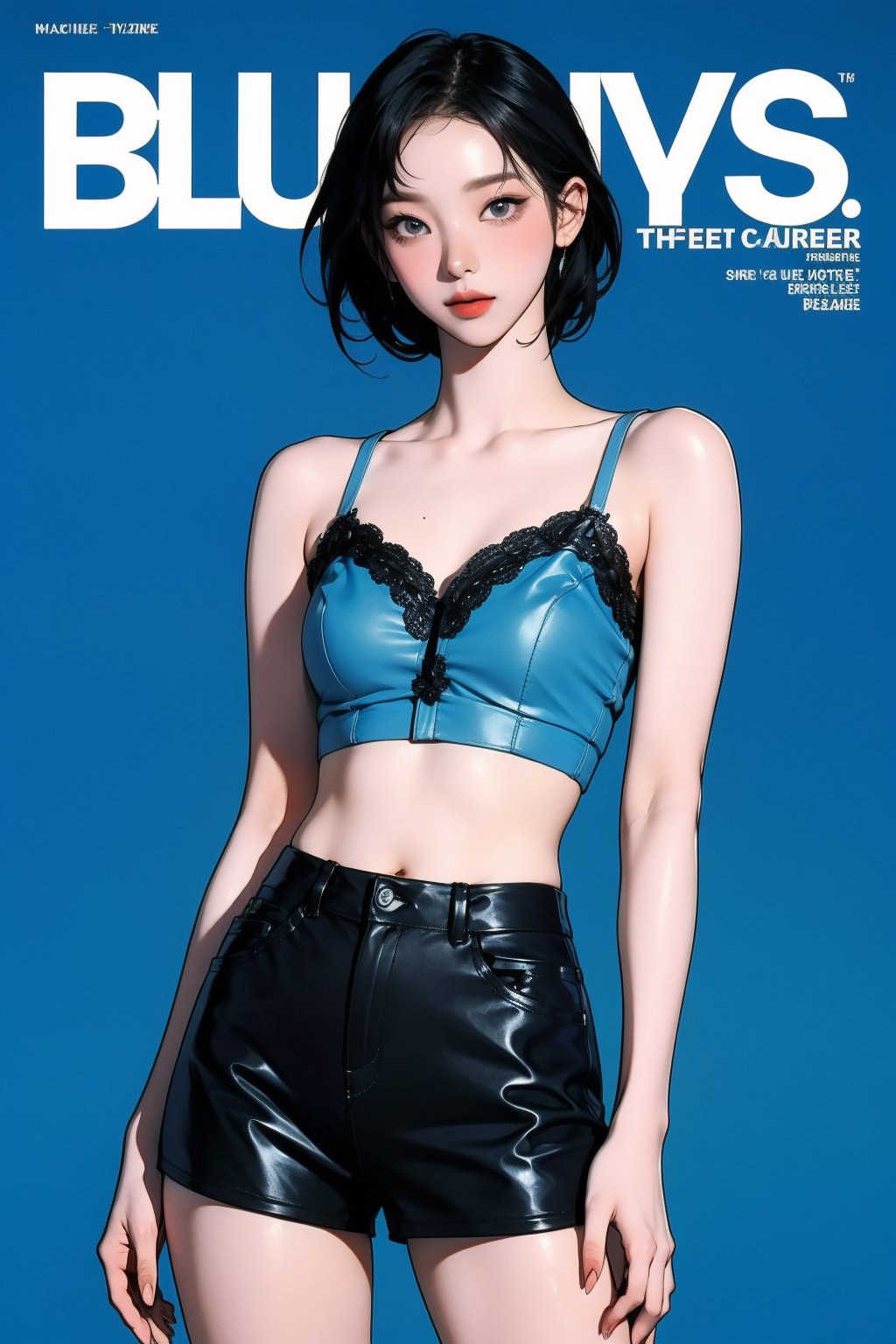 1girl, thigh up body, detailed clothes, bralette model, looking at viewer, sharp focus, magazine cover, blue background, ((outline,)) chimai,