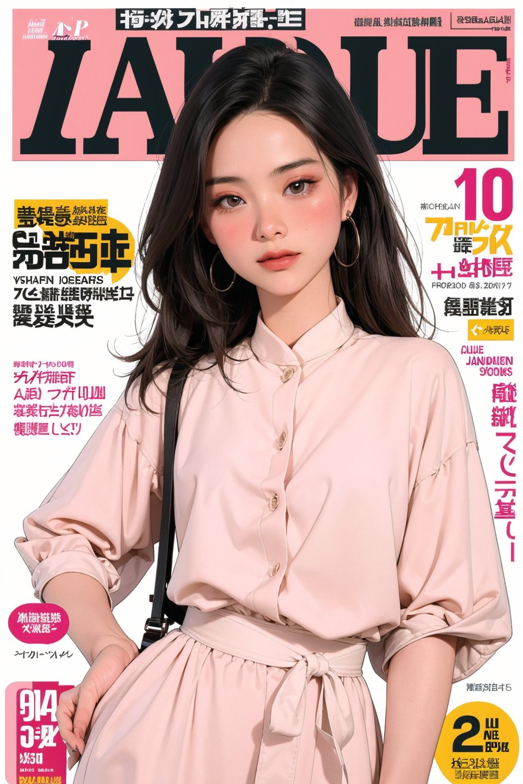 allure, 1girl, blush, hip up, styled outfit, detailed clothes, looking straight at viewer, earrings, magazine cover, outline, johyun, QA