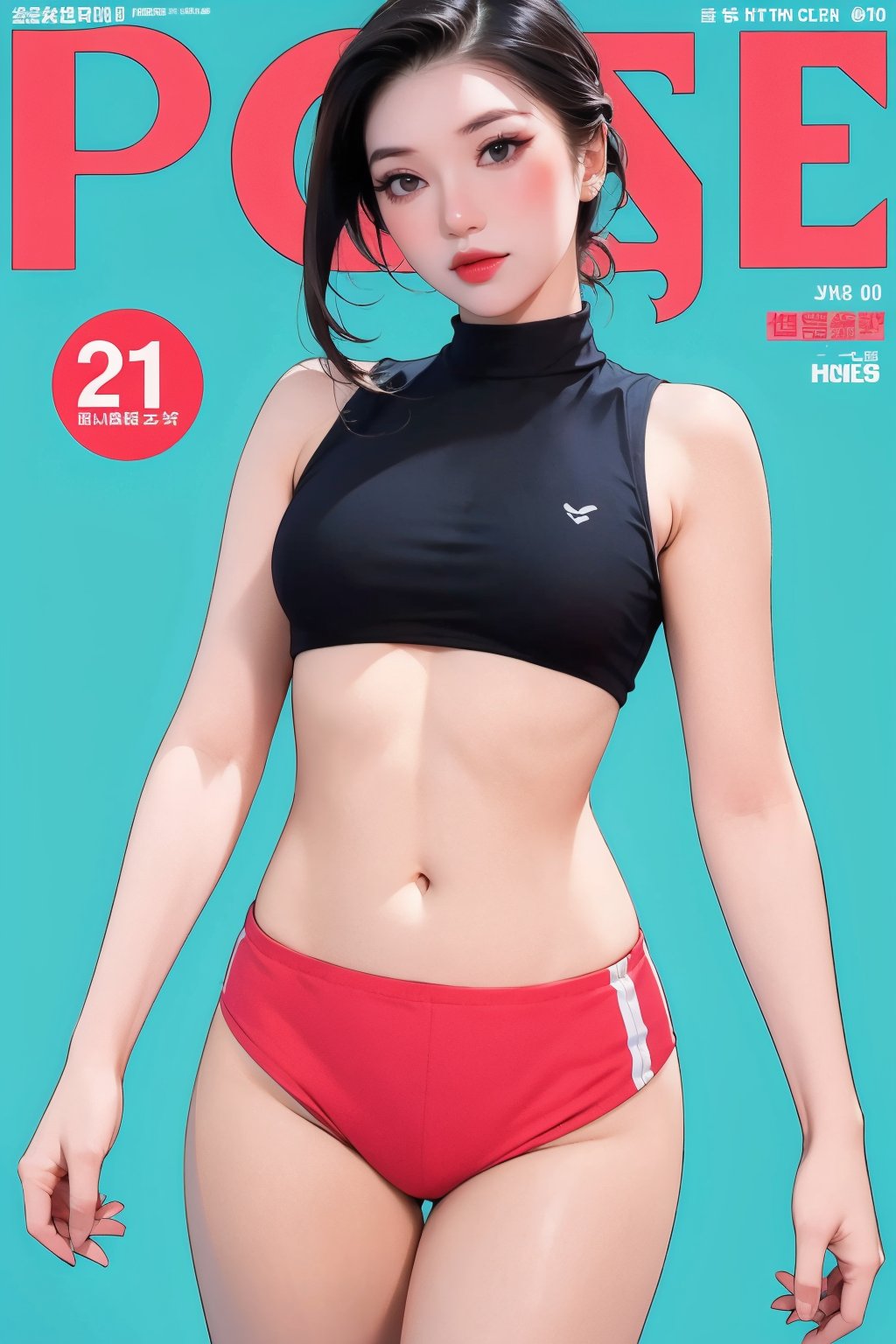 1girl, thigh up body, looking at viewer, styled clothes, turtle neck croptop, sleeveless, hairstyle, sharp focus, magazine cover, coloful background, 2D artstyle, outline, 

chimai,hine,hakil,yuong01,johyun,sim,haohaoulz,kn,htt