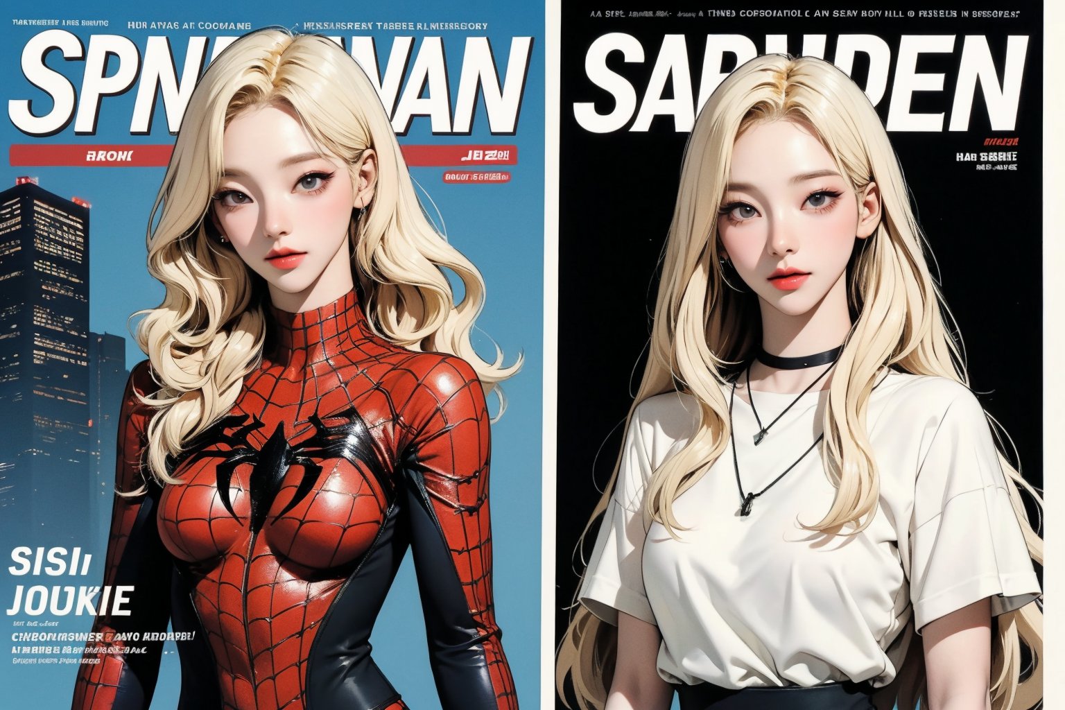 (1girl, ((hip up body, standing,)) spiderman cosplay, blonde hair,) no mask, looking at viewer, cinematic lighting, cinematic composition, hairstyle, magazine cover, 2D artstyle, split screen by 2,



johyun, wyntracy, hine, hakil, htt, chimai, sim, yuong01, sana, QA, aespakarina, huondey,kn,jisoo