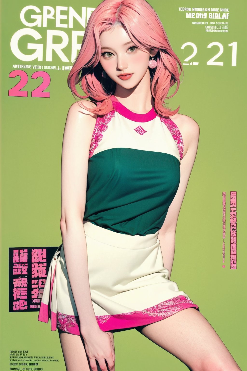 tennis girl outfit, 1girl, standing, pink hair, looking at viewer, hairstyle, detailed clothes, earrings, sanatw, magazine cover, green background, 2D artstyle,