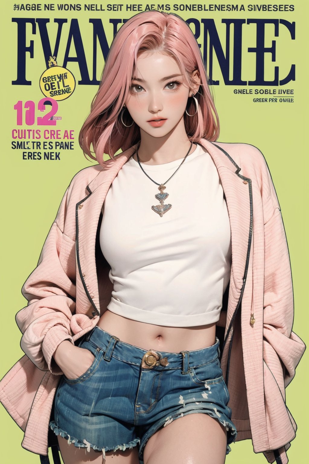 tennis girl outfit, 1girl, thigh up body, pink hair, looking at viewer, hairstyle, detailed clothes, earrings, sanatw, magazine cover, green background,