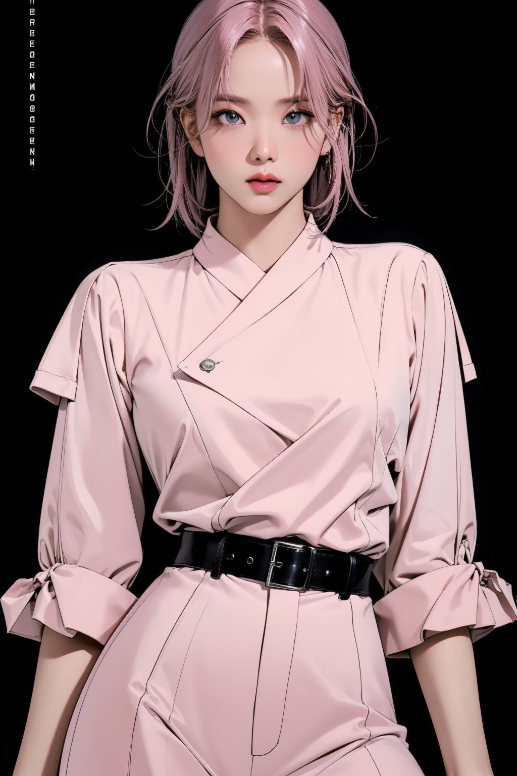 1girl, thigh up body, looking at viewer, pink hair, styled clothes, ultra detail, accurate color reproduction, black background, best quality, professionally color graded, artwork, blurring effect, professional lighting, sanatw, magazine cover,sim,chimai,aespakarina