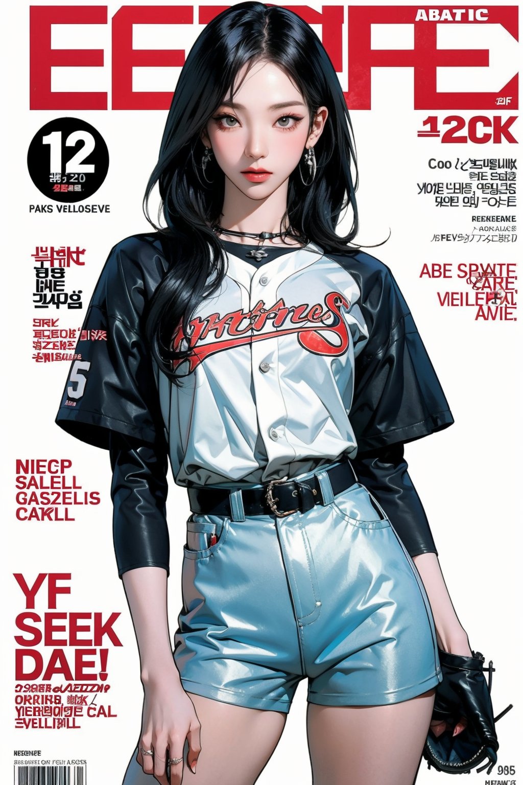 1girl, ((baseball girl outfit,)) thigh up, detailed clothes, earrings, looking at viewer, aespakarina, magazine cover,