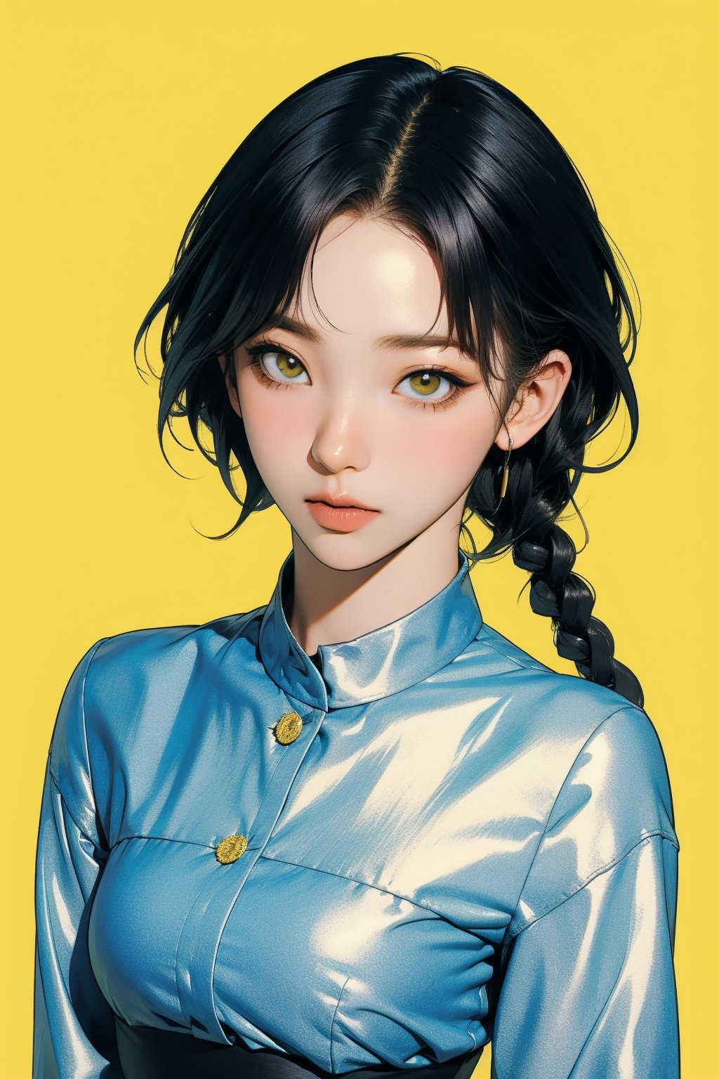 1girl, thigh up body, detailed clothes, kpop idol, short medium hair, 2_braided_hair, looking at viewer, sharp focus, magazine cover, yellow background, ((outline,)) chimai, aespakarina,sanatw